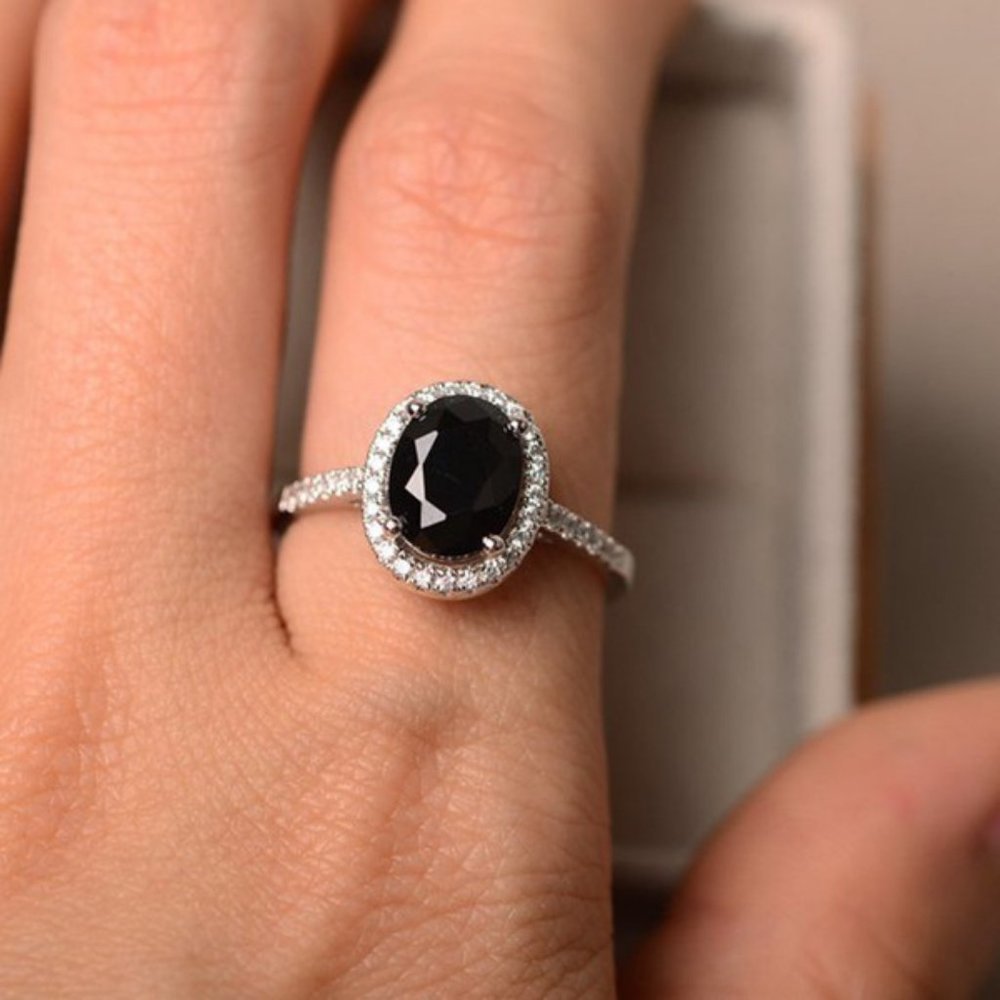 NEW Silver Black Onyx Diamond Halo Oval Cut Ring - Picture 2 of 4